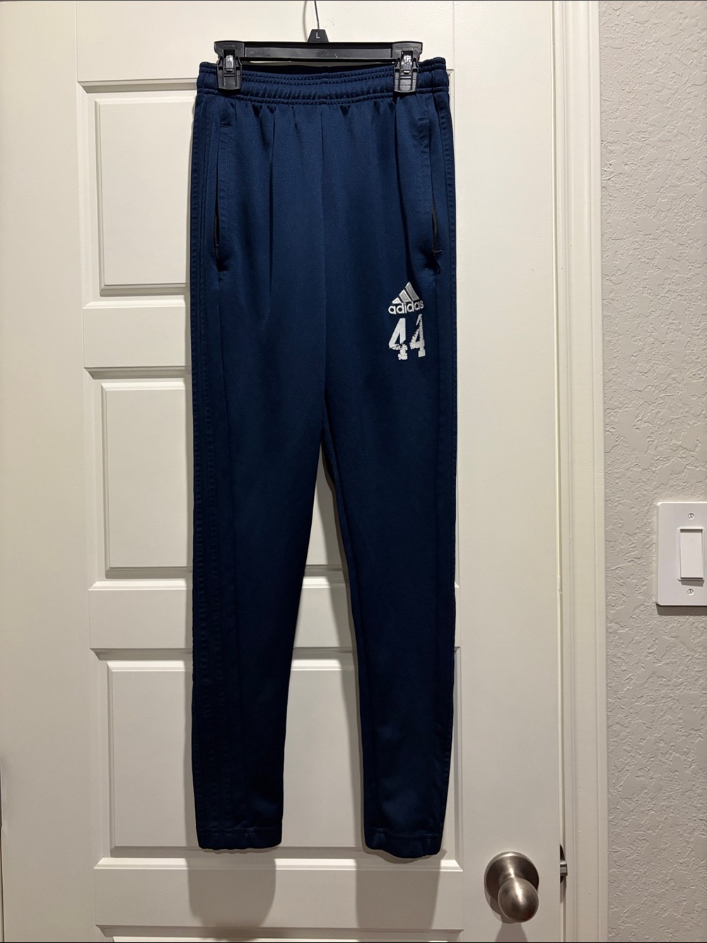 adidas Navy Blue Athletic Track Pants with White Logo and Number 44